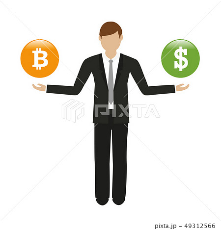 businessman with bitcoin and dollar buttons businessman with bitcoin and dollar buttons 49312566