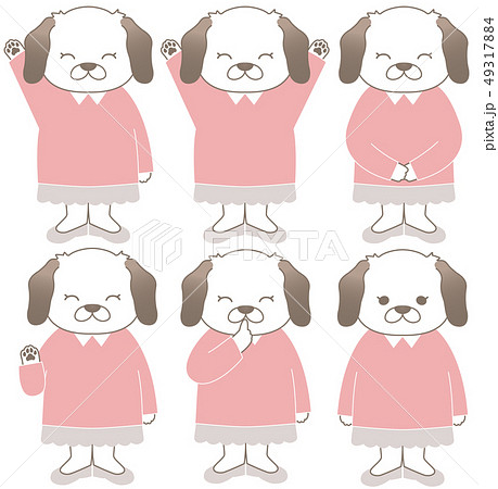 白い犬ピンク服６種ポーズのイラスト素材