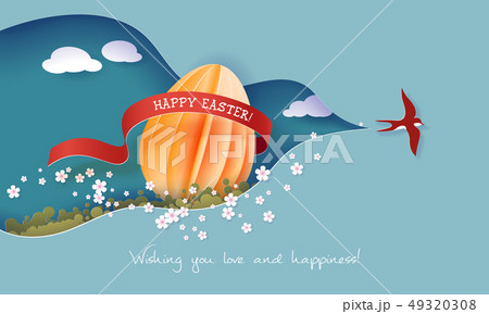 Happy Easter Spring illustration. Paper cut 3d 49320308