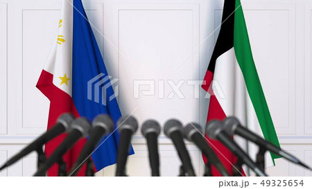 Flags of Philippines and Kuwait at international meeting or negotiations press conference. 3D 49325654