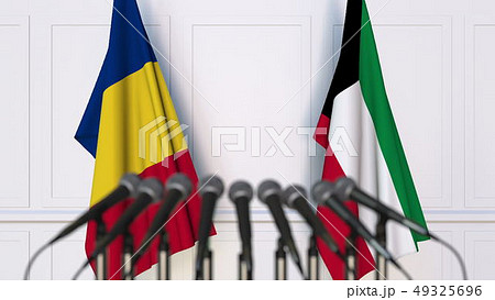 Flags of Romania and Kuwait at international meeting or negotiations press conference. 3D rendering 49325696