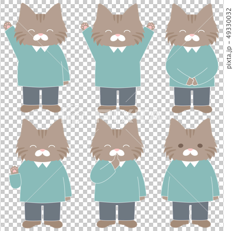茶トラ猫緑服６種ポーズのイラスト素材 49330032 Pixta