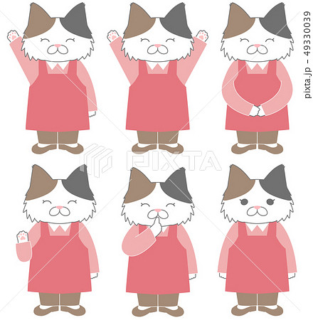 三毛猫ピンクエプロン６種ポーズのイラスト素材