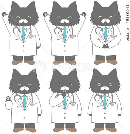 黒い猫白衣医者６種ポーズのイラスト素材