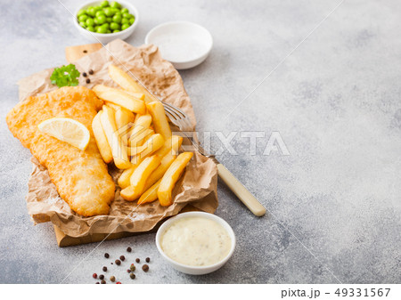 Traditional British Fish and Chips with tartar Traditional British Fish and Chips with tartar 49331567