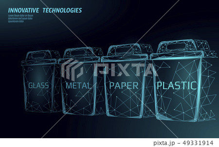 Low poly waste separation 3D concept. Garbage recycle plastic aluminium paper glass container bin Low poly waste separation 3D concept. Garbage recycle plastic aluminium paper glass container bin 49331914