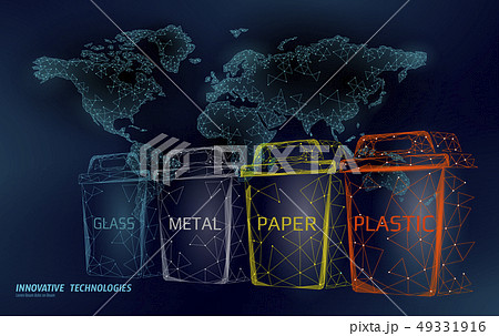 Low poly waste separation world map concept. Garbage recycle plastic aluminium paper glass container Low poly waste separation world map concept. Garbage recycle plastic aluminium paper glass container 49331916