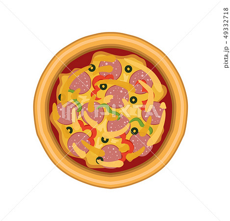 Freshly baked pizza with salami, pepper and olives, top view vector Illustration on a white 49332718