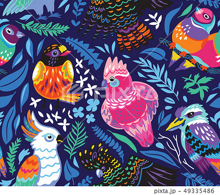 Seamless pattern with exotic australian birds and tropical leaves on navy blue background 49335486