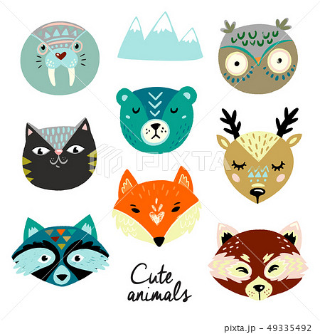 Cute Animals Faces Hand Drawn Baby Design Stock Illustration