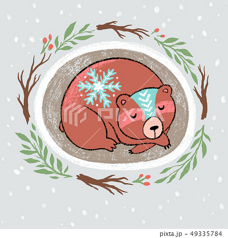 Christmas wreath with slepping bear. Hand drawn cartoon illustration Christmas wreath with slepping bear. Hand drawn cartoon illustration 49335784