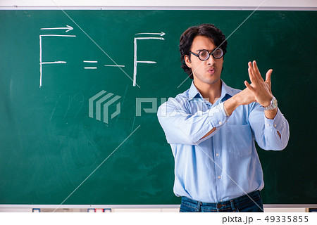 Young male physic standing in front of the green board Young male physic standing in front of the green board 49335855