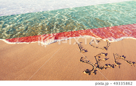 Beach sand, sea and flag Bulgaria. I love Bulgaria 49335862