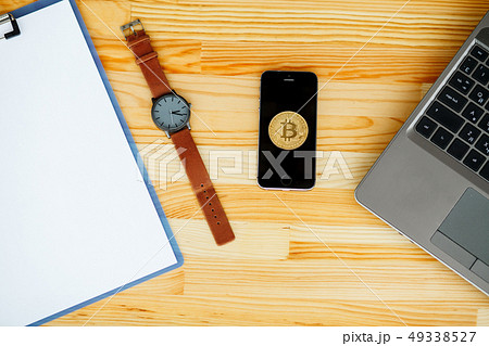 Desktop mix on a wooden office table Desktop mix on a wooden office table 49338527