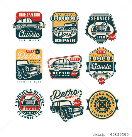 Car service and repair vintage style labels set, auto wash retro classic logo, badge vector 49339599