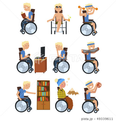Disabled man in wheelchair in different situations set, rehabilitation and active lifestyle of 49339611