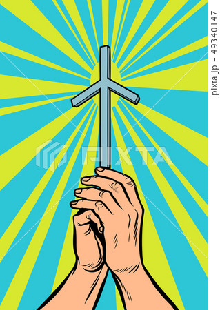 Georgian Orthodox Grapevine Christian cross in the light, hands of the believer 49340147