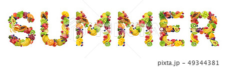 Word summer made of different fruits and berries, fruit font isolated on white background Word summer made of different fruits and berries, fruit font isolated on white background 49344381