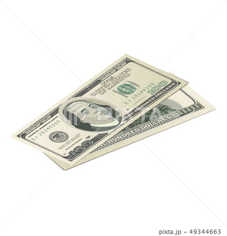 Couple of fake one hundred USA dollars banknote, front and back detailed coupure in isometric view Couple of fake one hundred USA dollars banknote, front and back detailed coupure in isometric view 49344663