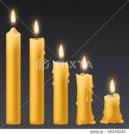 Burning candles. Wax candle with flicker fire. romantic birthday celebration vector set 49348297