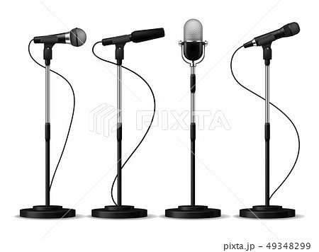 Microphones on stands. Stage standing microphones, studio mic for singing with counters. Concert Microphones on stands. Stage standing microphones, studio mic for singing with counters. Concert 49348299