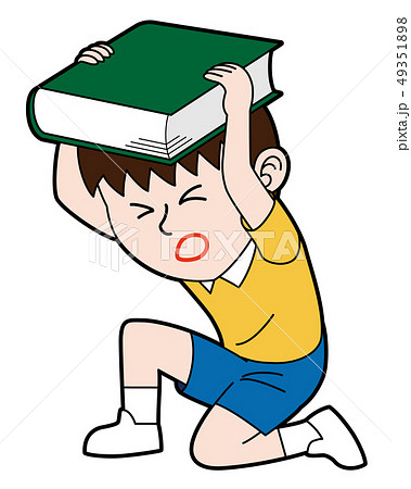 しゃがみこみ 本で頭部を守る少年 白背景のイラスト素材