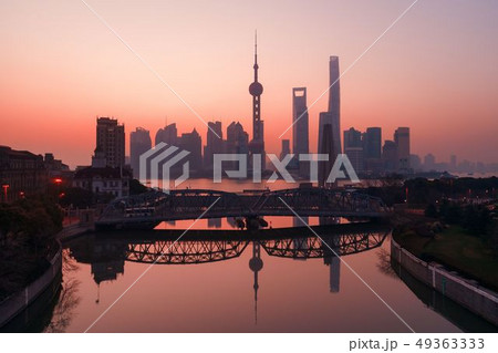Shanghai city sunrise aerial view with Pudong business district 49363333