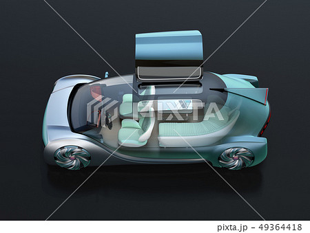 黒バックに自動運転高級サルーンのイメージ。インテリア画像合成効果。オリジナルデザイン 49364418