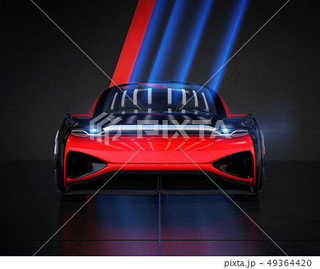 黒バックにメタリックレッド色の自動運転電気自動車高級サルーンの正面イメージ 黒バックにメタリックレッド色の自動運転電気自動車高級サルーンの正面イメージ 49364420