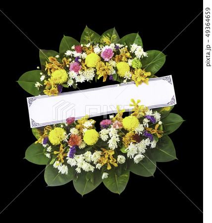 Colorful wreath flowers and blank sign isolated on 49364659