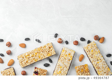 Healthy sweet dessert snack. Cereal granola bar. 49364787