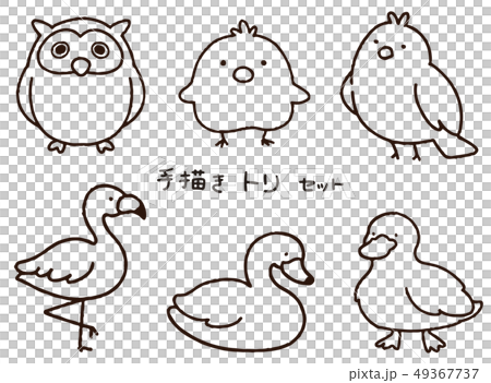 シンプルで可愛い手描きの鳥のイラストセット 線画のみのイラスト素材