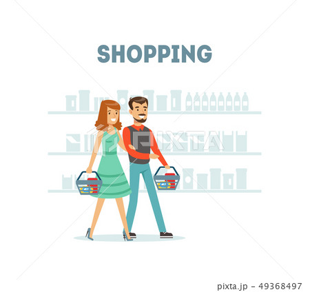 Family Couple Shopping at Supermarket with with Baskets, Daily Grocery Purchase Vector Illustration 49368497