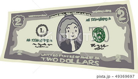 2ドル紙幣 アメリカドル 曲がった 手描き かわいい イラストのイラスト素材