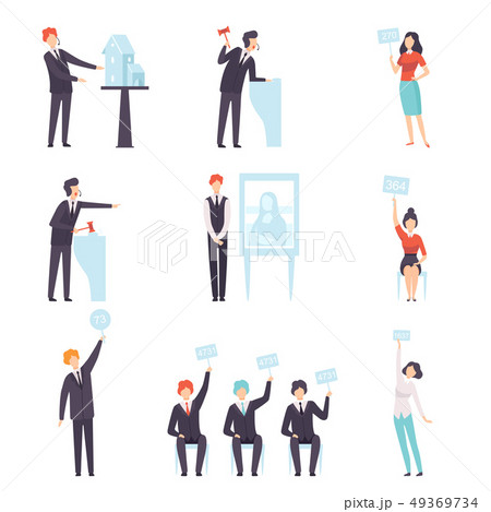 Auction Public Sale Set, People Bidding and Bying Goods and Property, Auctioneer Announcing Prices 49369734