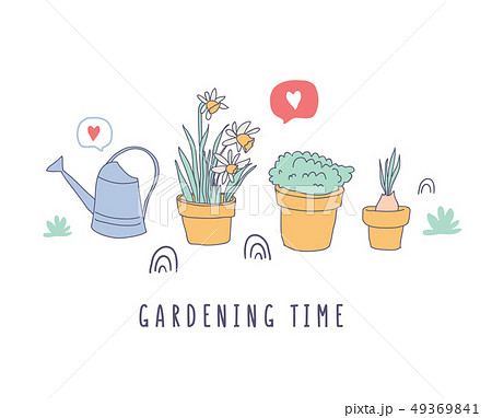 Garden time, happy time lettering with flower pots 49369841