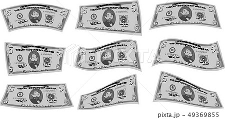 5ドル紙幣 アメリカドル 曲がった 湾曲 手描き かわいい イラストのイラスト素材