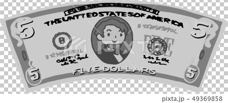 5ドル紙幣 アメリカドル 曲がった 湾曲 手描き かわいい イラストのイラスト素材