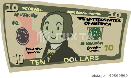 10ドル紙幣 アメリカドル 曲がった 湾曲 手描き かわいい イラストのイラスト素材