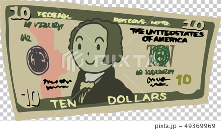 10ドル紙幣 アメリカドル 曲がった 湾曲 手描き かわいい イラストのイラスト素材