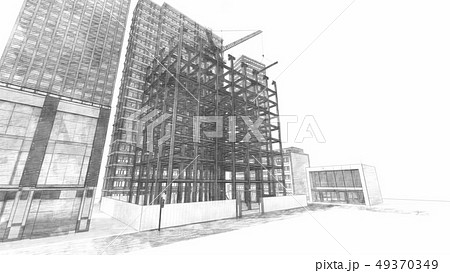 工事現場 鉄骨工事 建設中 イラストモノクロ1のイラスト素材