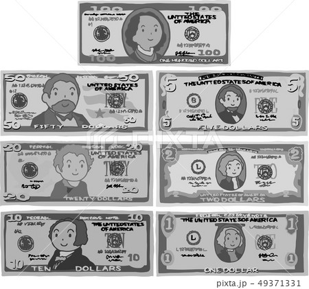 ドル紙幣　アメリカドル　かわいい　イラスト　セット 49371331