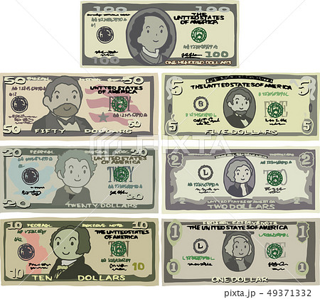 ドル紙幣 アメリカドル かわいい イラスト セットのイラスト素材