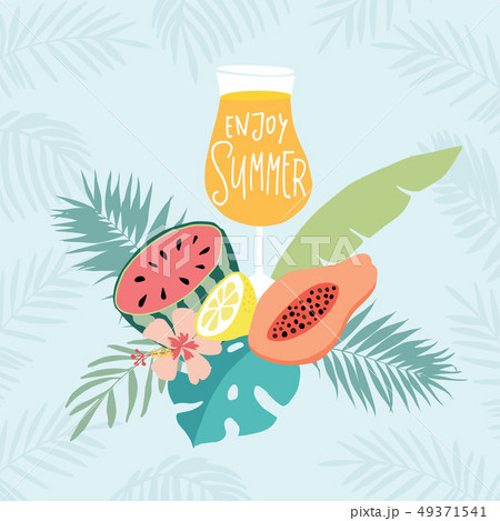 Hand drawn Enjoy summer party greeting card, invitation with cocktail drink. Watermelon, papaya and Hand drawn Enjoy summer party greeting card, invitation with cocktail drink. Watermelon, papaya and 49371541