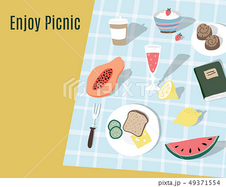 Hand drawn picnic background, invitation. Checkered plaid, blanket with wine bottle, lemons 49371554