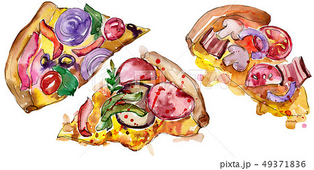Fast food itallian pizza in a watercolor style set. Aquarelle food illustration for background 49371836