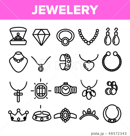 Jewelery Line Icon Set Vector. Diamond Luxury Jewelery Symbol. Gem Elegance Sign. Thin Outline Web 49372343