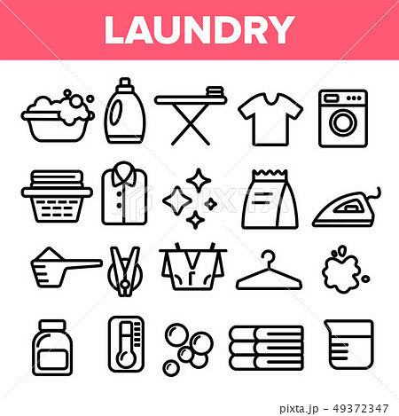Laundry Line Icon Set Vector. Washing Machine. Clean Dry Cotton. Cloth Laundry Pictogram. Thin Laundry Line Icon Set Vector. Washing Machine. Clean Dry Cotton. Cloth Laundry Pictogram. Thin 49372347