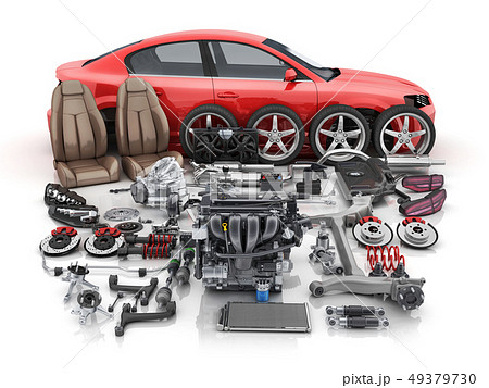 Red car body disassembled and many vehicles partsのイラスト素材 [49379730] - PIXTA