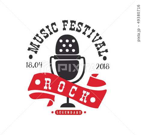 Rock music legendary festival logo, black and red poster with vintage microphone vector Illustration 49380716
